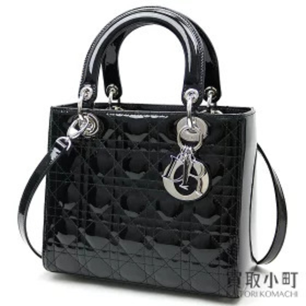 Dior Lady Handbag Black Patent Vernis Leather Cannage Stitch Shoulder Bag